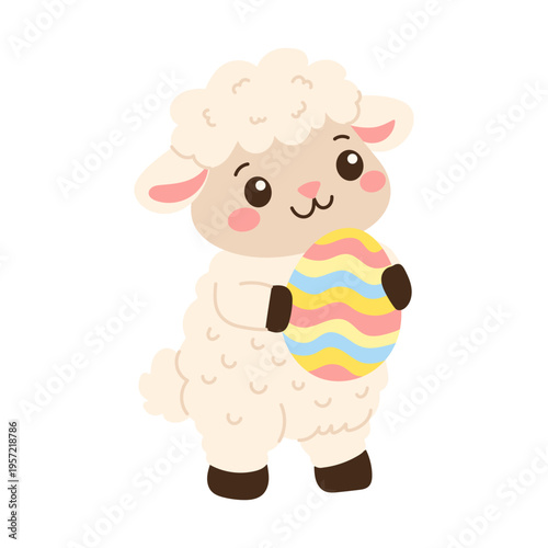 Cute sheep holds a colorful Easter egg. Soft wool and cheerful expression make it endearing. Ideal for Easter, spring, or family-themed projects.