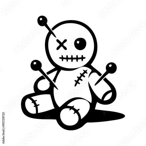 Logotipo magia negra. Dibujo sencillo con líneas de muñeco vudú sentado con alfileres para tarjetas y felicitaciones de Halloween