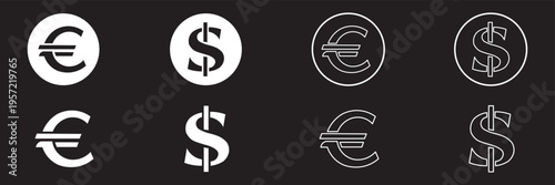 Dollar and euro currency icon set with clear currency signs and minimalist financial design, ideal for banking applications, economic infographics, finance presentations. Money exchange icon concept.
