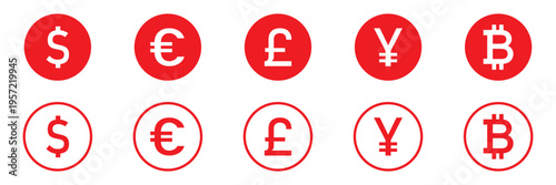 Currency Money Dollar, Euro, Yen, Sterling icon set. Global currency symbol. vector illustration. Currency symbols icons set. Vector illustration of coins with international currency symbols