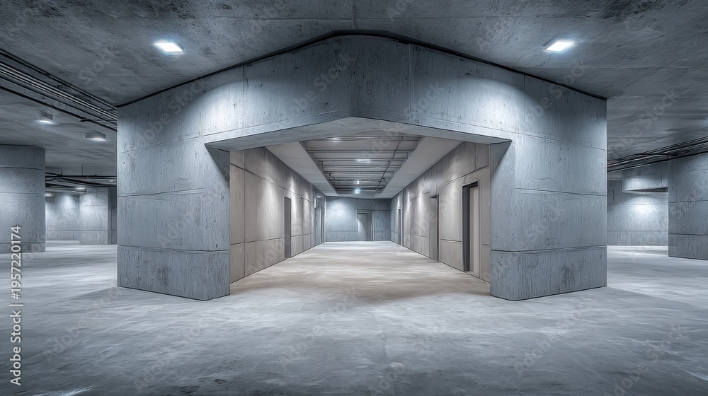 Obraz premium Modern Concrete Architecture: Hallway with Geometric Design, Minimalist Style and Strong Lines for Business and Creative Projects