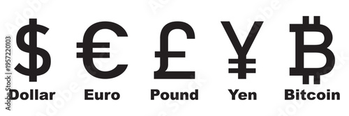 Money exchange and global currency symbols icon set on white background. Currency Symbols Set, vector collection of dollar, euro, pound, yen symbols, isolated on white background, financial and money