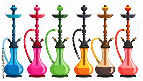Colorful Hookah Pipes Set in Flat Minimal Style Isolated on White