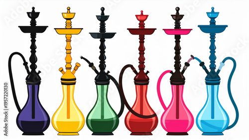 Colorful Hookah Pipes Set in Flat Minimal Style Isolated on White