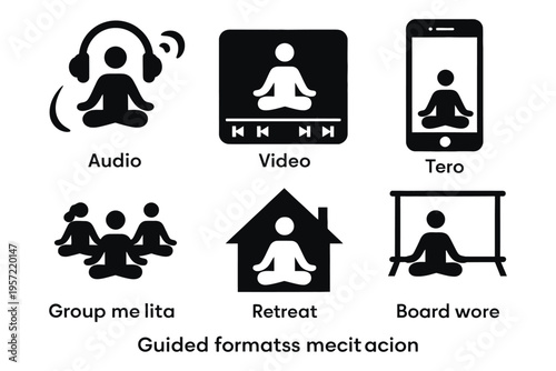 Meditation session icon set, guided meditation, audio and video formats, app, group, retreat, workshop, mindfulness, self-care, wellness and relaxation concept, black solid vector.