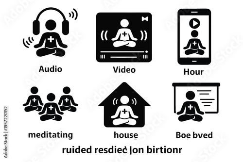 Meditation session icon set, guided meditation, audio and video formats, app, group, retreat, workshop, mindfulness, self-care, wellness and relaxation concept, black solid vector.