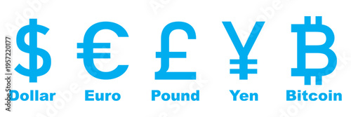 Money exchange and global currency symbols icon set on white background. Currency Symbols Set, vector collection of dollar, euro, pound, yen symbols, isolated on white background, financial and money