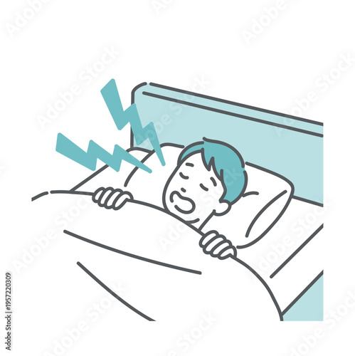 ベッドで大きないびきをかいて寝ている男性のイラスト（睡眠時無呼吸症候群）