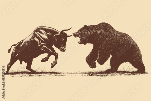 A dynamic vector illustration depicting an angry bull battling an aggressive bear, serving as a stock market metaphor.