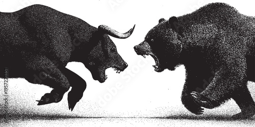 A dynamic vector illustration depicting an angry bull battling an aggressive bear, serving as a stock market metaphor.