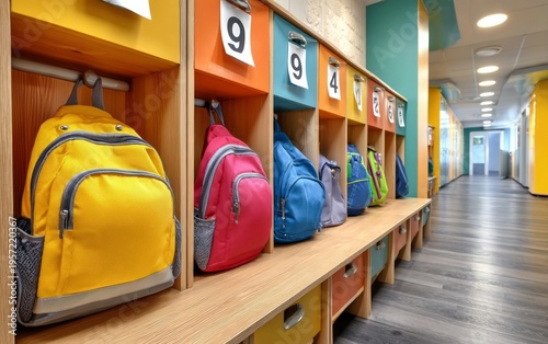 Brightly Colored Storage Cubbies in School Hallway with Backpacks