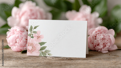 Spring flowers on wooden background, greetings card template, mockup