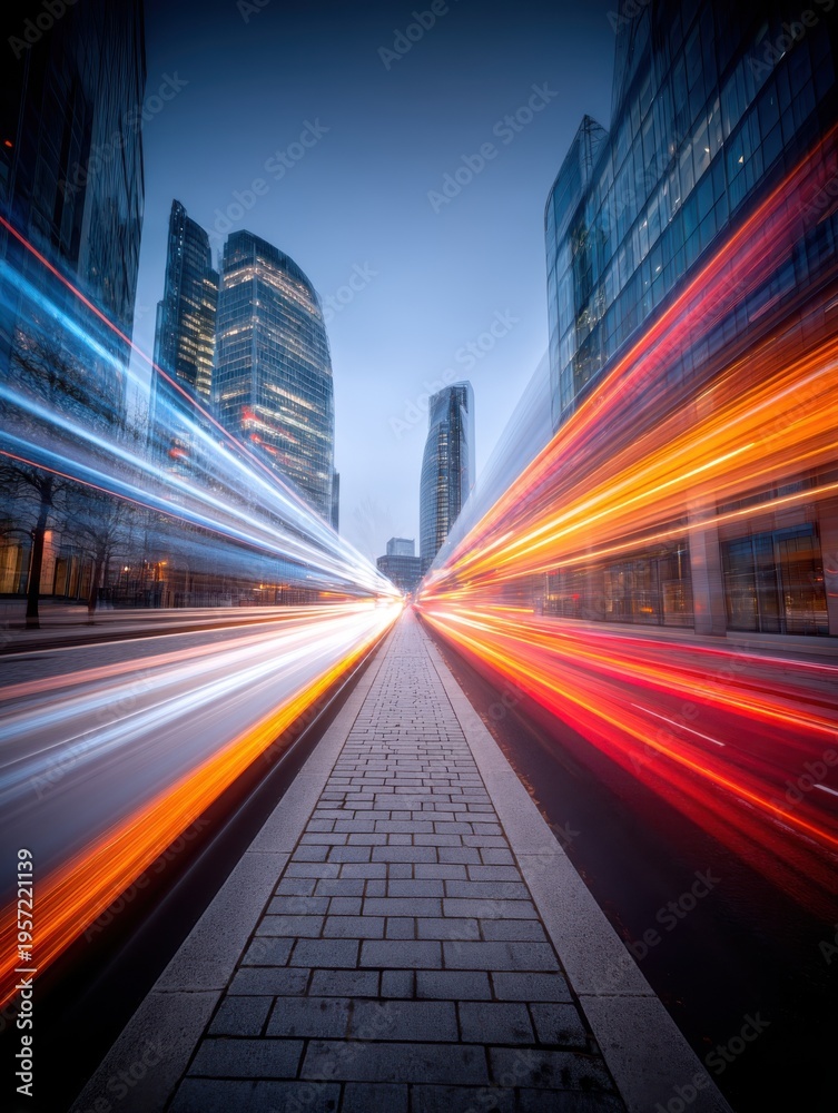 Obraz premium Modern city street at night with light trails from traffic creating a dynamic, futuristic scene