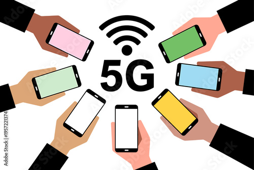 Hands holding smartphones with 5G network symbol