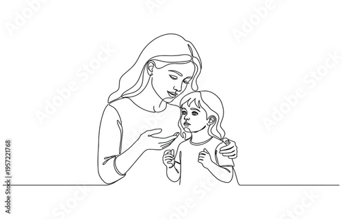 Continuous line drawing of young mother giving some wise advice talk to his child. 