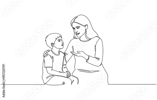 Continuous line drawing of young mother giving some wise advice talk to his child. 