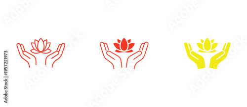 Lotus flower in hands icon set, wellness, meditation, spiritual yoga, spa logo, mindfulness and zen relaxation symbols, vector illustrations in outline, solid, glyph styles.