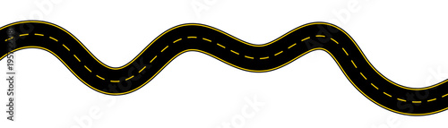 Curved winding black asphalt road highway with yellow dashed center line vector illustration for travel and journey design