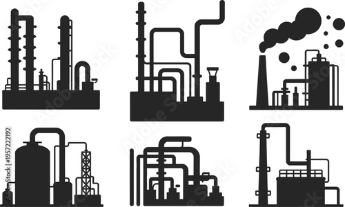 Industrial refinery factory icon set, oil and gas processing plants with pipelines and chimneys, energy production facilities isolated on white background