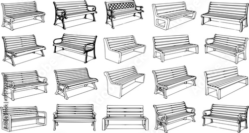 Set of Detailed Park Bench Line Art Illustrations - Various Outdoor Seating Designs in Black and White Sketch Style for Urban and Garden Concepts