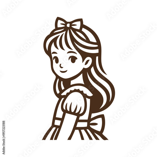 Logotipo de boutique de moda infantil. Dibujo sencillo con líneas de una niña de perfil con un vestido adornado con un nudo de lazo