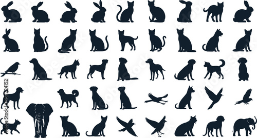 Animal black silhouette vector set, pets and wildlife icons, dog cat elephant bird rabbit collection, cad drawing flat vector illustration, flavector.