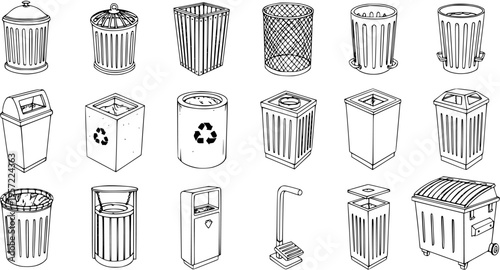 Trash Can Collection: Line Art Vector Illustration of Various Garbage Bins