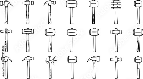 Collection of Various Types of Hammers and Mallets Line Art. Hand Tools for Construction, Carpentry, DIY, and Industrial Work as Black Outline Icons.