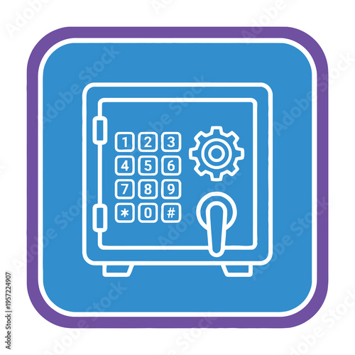 Secure safe icon with keypad and gear symbol on blue background with purple border