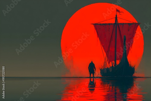 Silhouette of a Ship Against a Red Sunset