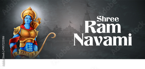 Lord Rama with bow arrow with Hindi text meaning Shree Ram Navami celebration background for religious holiday of India