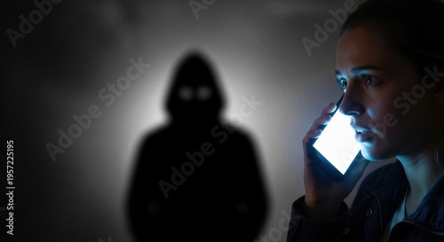 Woman talking on smartphone in dark while blurry criminal figure stands behind. Cyber bullying, online stalking and digital threat concept. Victim of harassment and intimidation crime.