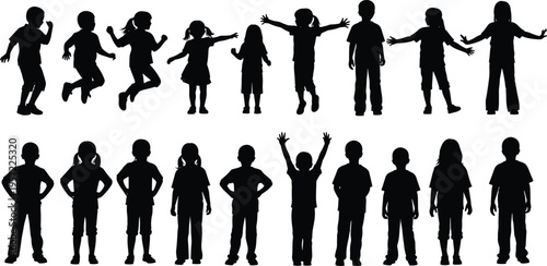 Children black silhouette vector set, kids playing jumping and standing icons collection, youth group, cad drawing flat vector illustration, flavector.
