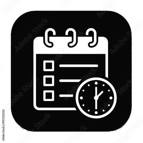 Calendar and clock icon symbolizing time management and scheduling on black background with white graphics and simple design