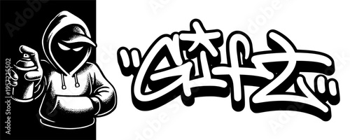 Urban Gift Graffiti Tag with Masked Mascot Character for Holiday Sales and Promotional Giveaways.