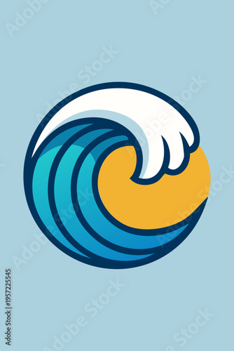 Logo agencia de viajes. Vacaciones de verano. Dibujo sencillo con silueta de un sol con olas de mar en forma de círculo, en fondo azul 