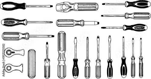 Hand tools vector set: collection of various screwdrivers, flathead, Phillips, ratchet drivers, black and white line art illustration.