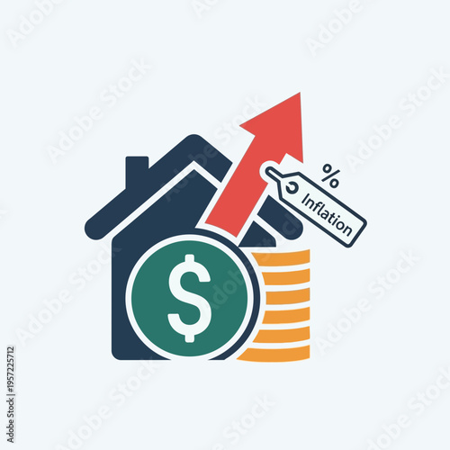 Illustration of rising inflation with a house, dollar coin, and upward arrow.