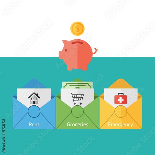 Piggy bank with envelopes labeled rent, groceries, and emergency funds.
