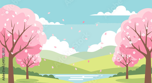 A serene landscape of blooming trees beside a lake with rolling hills under a cloudy sky