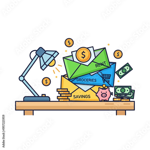 Illustration of a desk with a lamp, money, and categorized envelopes for savings.
