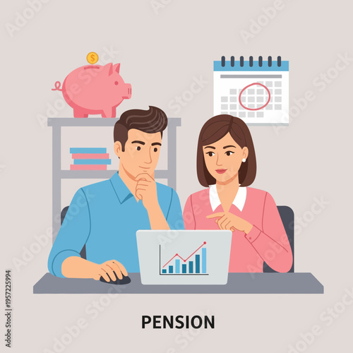 Two people discussing financial data at a desk with a laptop and piggy bank.