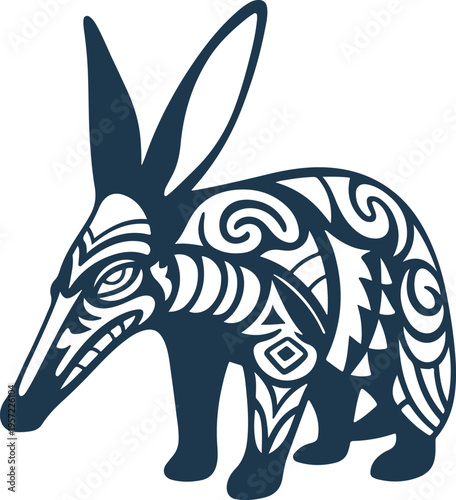 Dark Blue Aardvark Animal Illustration with Tribal Patterns