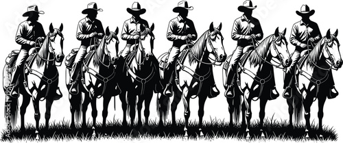 Cowboy riding horse black silhouette vector set, western rancher equestrian collection side view, cad drawing flat vector illustration, flavector.