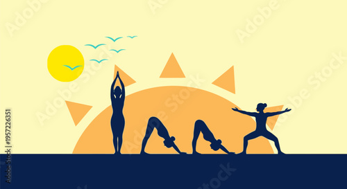 Three yoga practitioners perform various poses at sunrise or sunset on a beach
