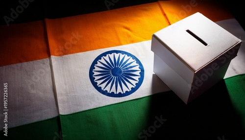 close-up of a light shining on white voting Box on india flag in the dark
