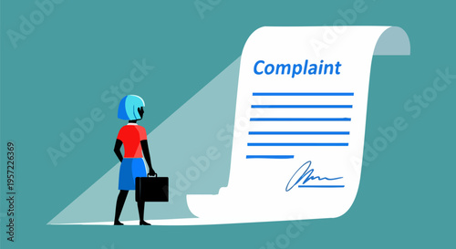 Woman with Briefcase Looking at a Long Complaint Document Vector Illustration on Teal Background