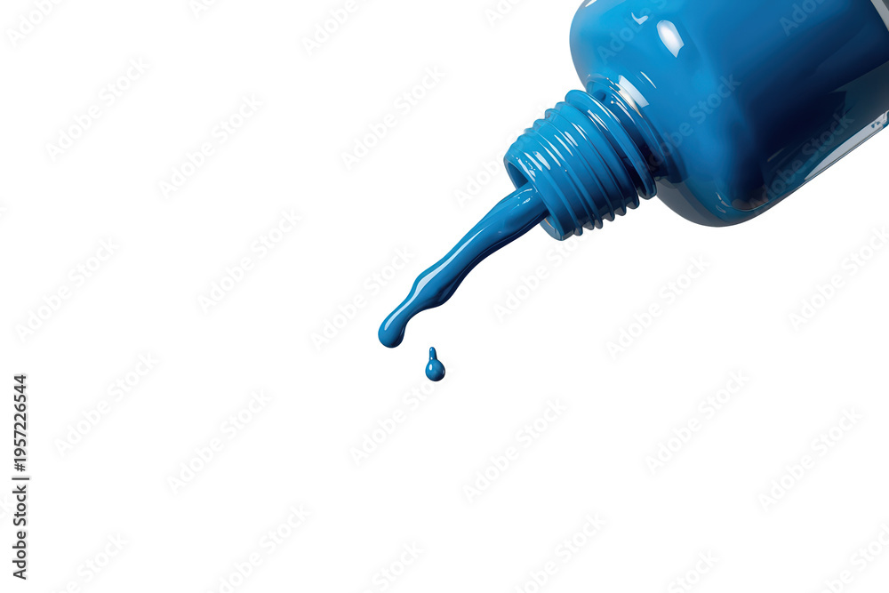 Fototapeta premium Blue nail polish pouring from bottle creating a dripping liquid drop, beauty cosmetics on transparent background