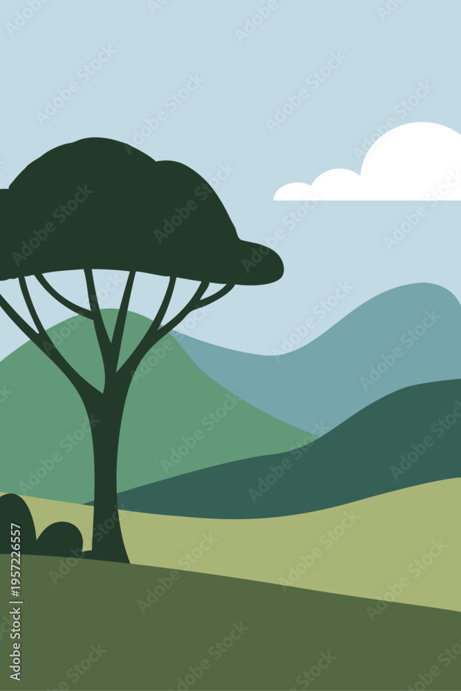 Naklejka premium Dibujo sencillo con siluetas de un paisaje con montaña, cerros, praderas, un árbol y un fondo de cielo