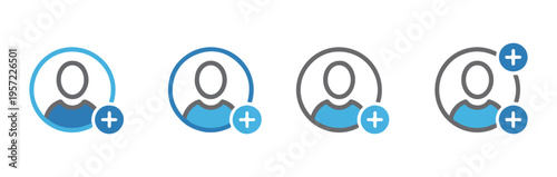 Add person avatar icon set, user profile with plus symbol for new contact, blue and gray design